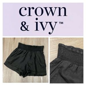 Crown & Ivy•100% Linen Shorts•Pockets•Black•Elastic Waistband•Sz Small‎